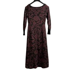 Peruvian Connection Sweater Dress Women XSP Purple Black Scroll Pima Cotton Maxi